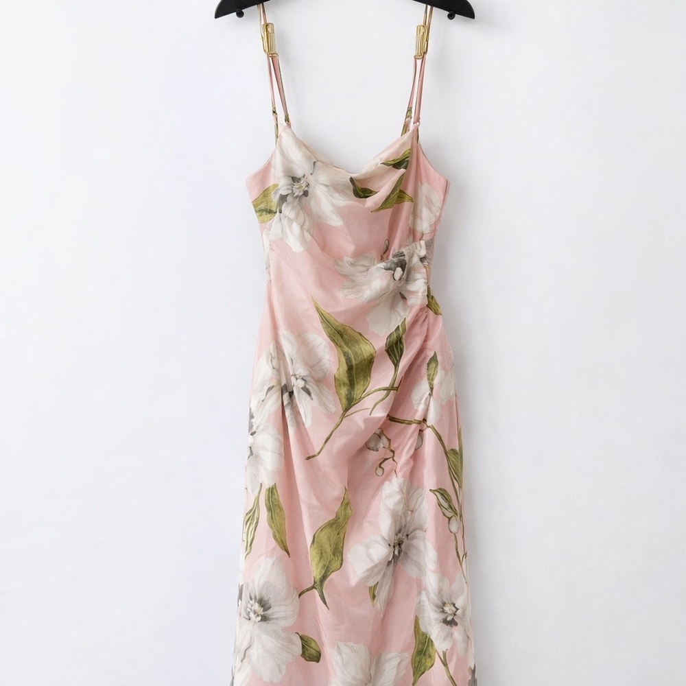 Zara Pink & Light Green Floral Slip Maxi Dress